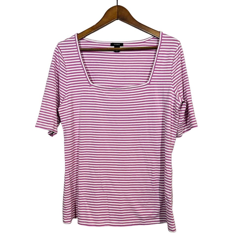 Halogen Striped Knit Top Short Sleeve Square Neck Purple White - L